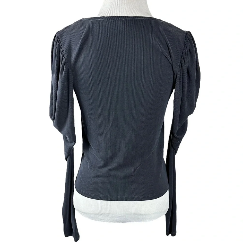 Free People Tie The Knot Top Ribbed Puffed Long Sleeves Black Size XS NEW